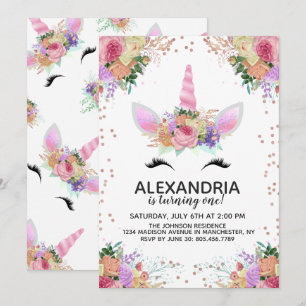 Invitation Bright Floral Unicorn Anniversaire