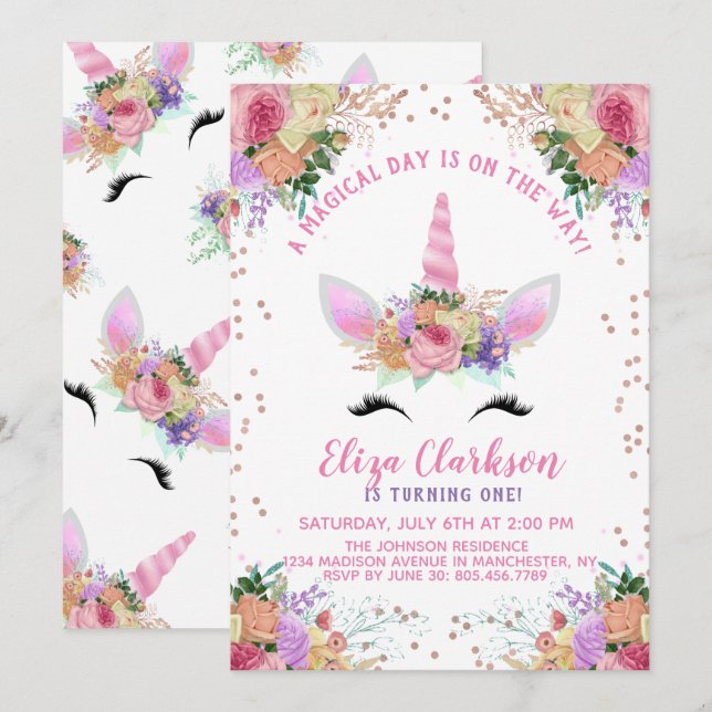Invitation Bright Floral Unicorn Anniversaire (Devant / Derrière)