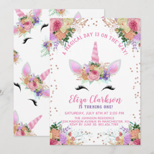 Invitation Bright Floral Unicorn Anniversaire