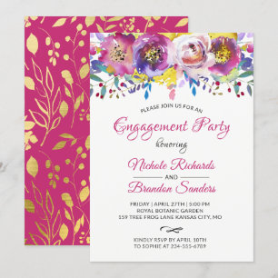 Invitation Bright Fuchsia Gold Floral Engagement Party