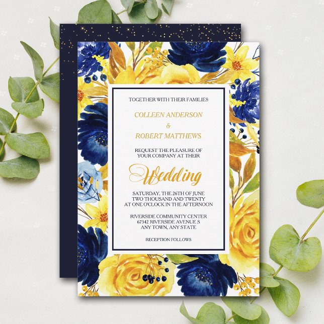Invitation Bright Gold Navy Blue Floral Modern Wedding Invita (Créateur téléchargé)