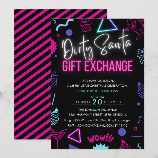 Invitation Bright Neon Dirty Père Noël échange de cadeaux (Devant / Derrière)