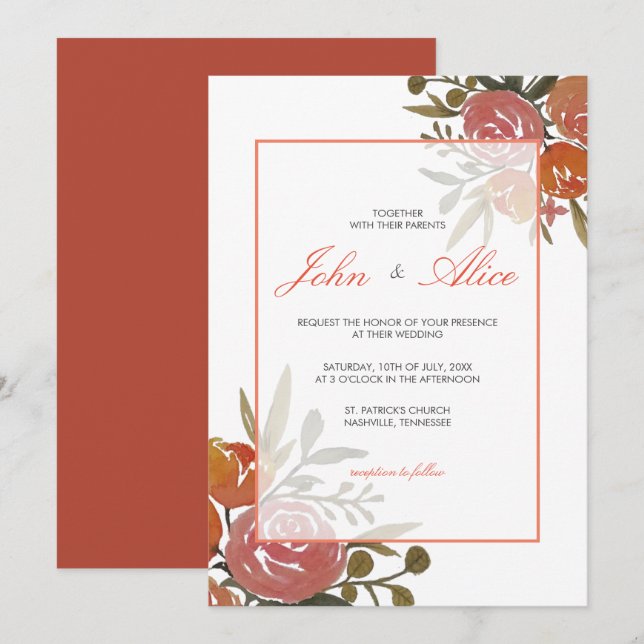 Invitation Bright Peach et Orange Floral Mariage (Devant / Derrière)