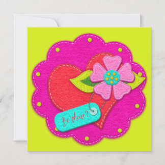 Invitation Bright Pink and Peridot Felt Style Heart Flower 