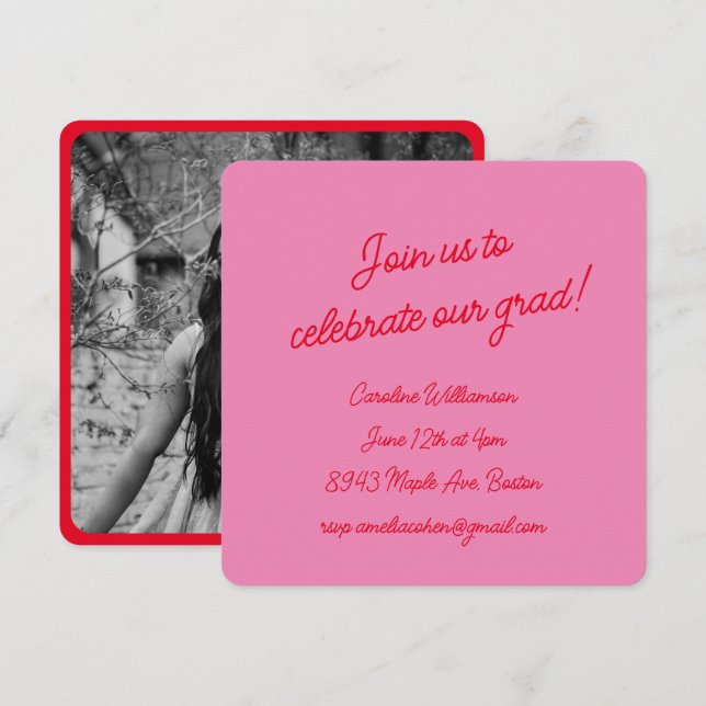 Invitation Bright Pink Red Script Photo Chic Graduation Party (Devant / Derrière)