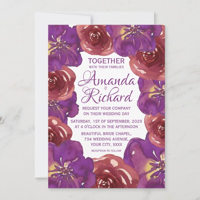 Invitation Bright Purple and Red Summer Spring Floral Mariage (Devant)