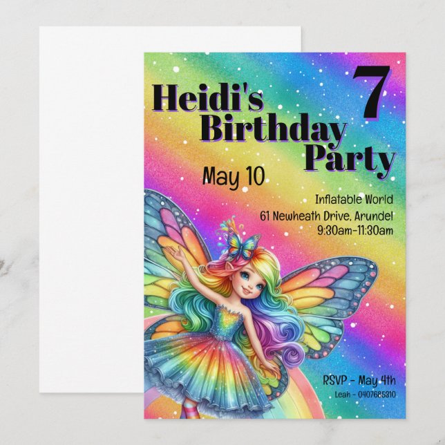 Invitation Bright Rainbow Fairy Anniversaire (Devant / Derrière)
