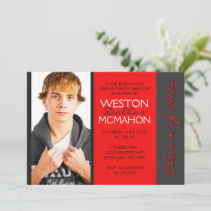 Invitation Bright Red & Pinstripe Grey Photo Graduation