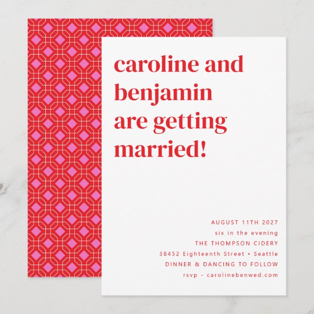 Invitation Bright Retro rouge rose Mariage géométrique tout e (Devant / Derrière)