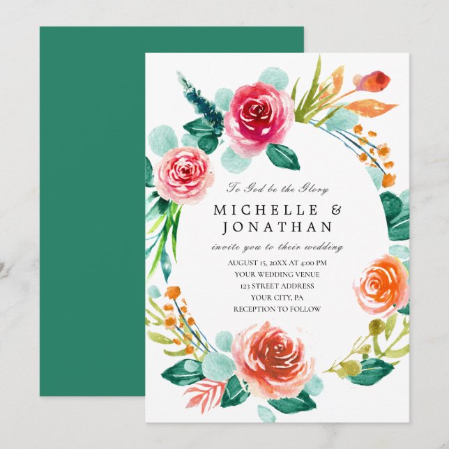 Invitation Bright rose Blush Floral Wreath Mariage chrétien (Devant / Derrière)