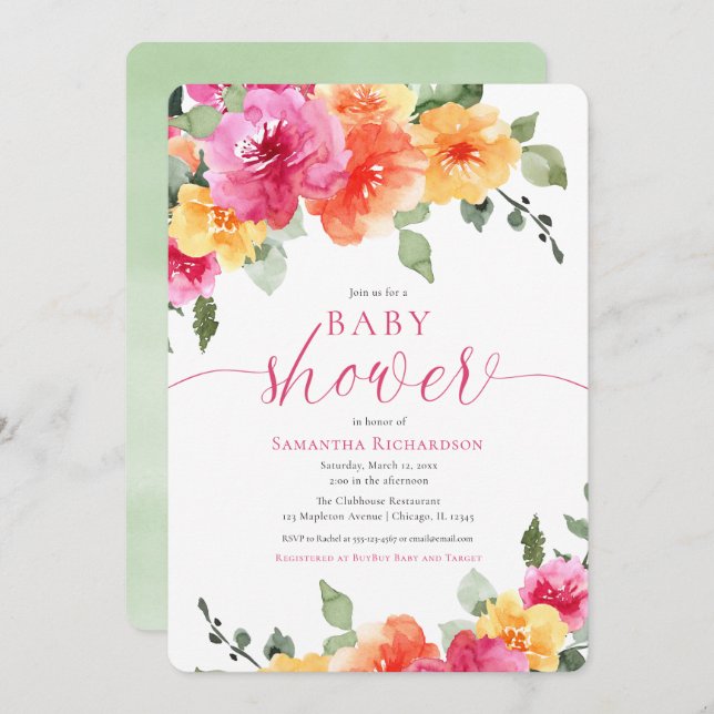 Invitation Bright rose fleurie pivoines fille baby shower (Devant / Derrière)