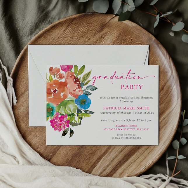 Invitation Bright Rose Orange Floral fête de graduation (Bright Pink Orange Floral Graduation Party Invitation)