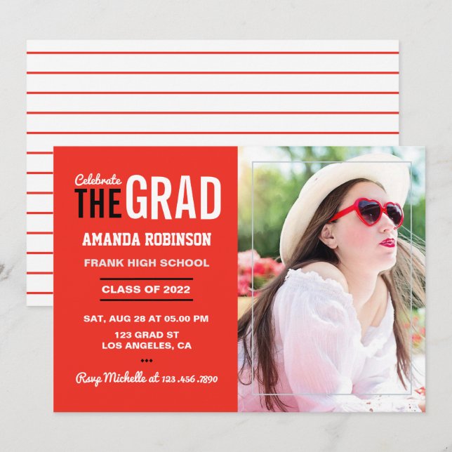 Invitation Bright Scarlet Red et White Graduation Party (Devant / Derrière)