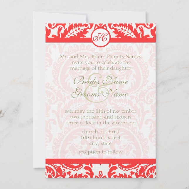 Invitation Bright Snap Dragon Coral Damask Gris Police Mariag (Devant)