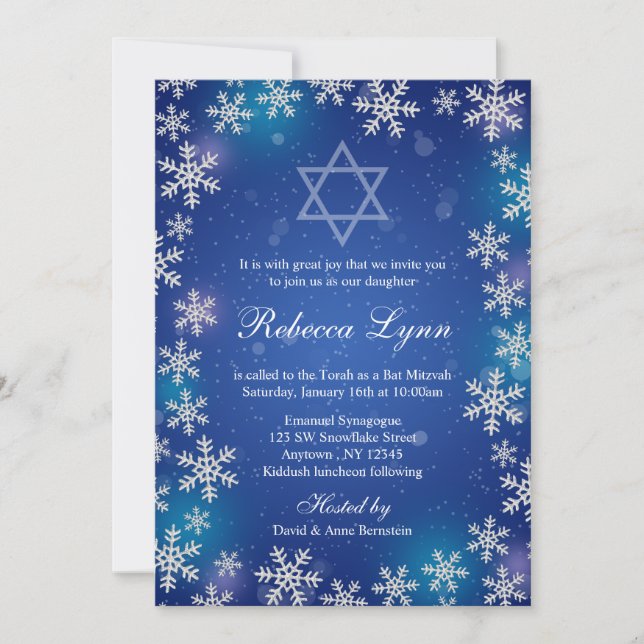 Invitation Bright Snowflakes Blue Winter Bat mitzvah (Devant)