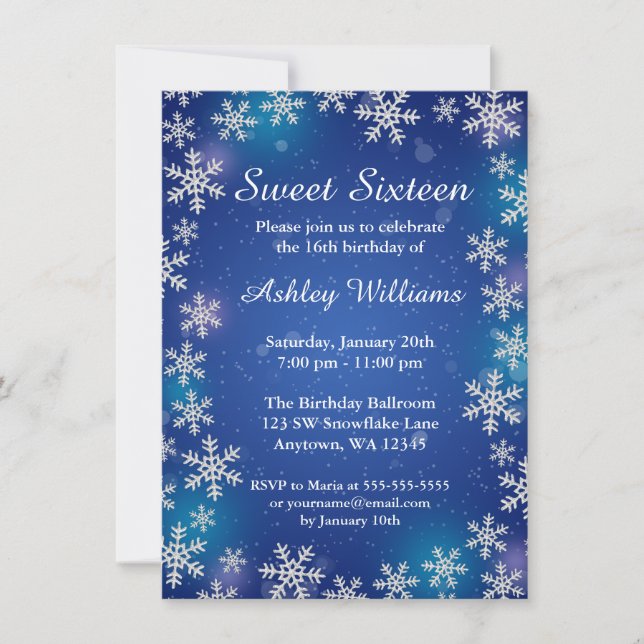 Invitation Bright Snowflakes Blue Winter Wonderland Sweet 16 (Devant)
