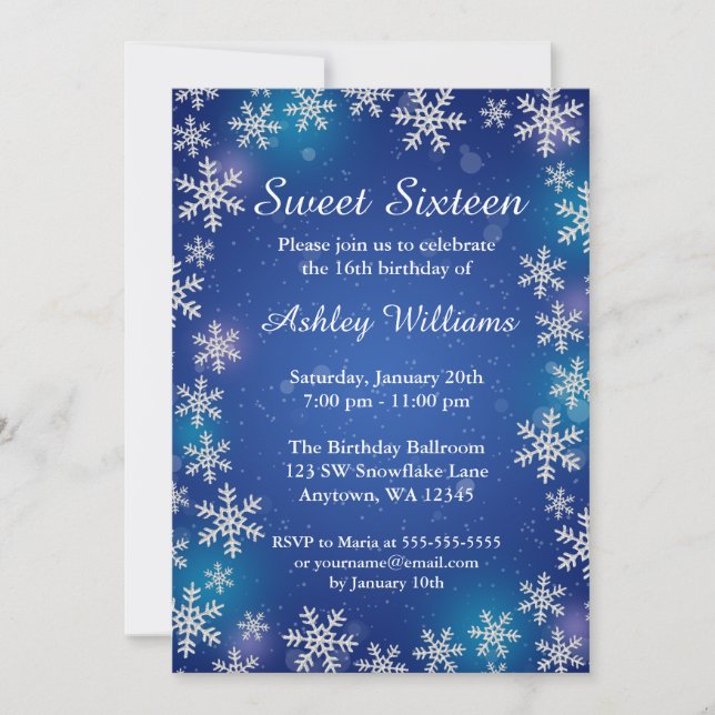 Invitation Bright Snowflakes Blue Winter Wonderland Sweet 16 (Devant)