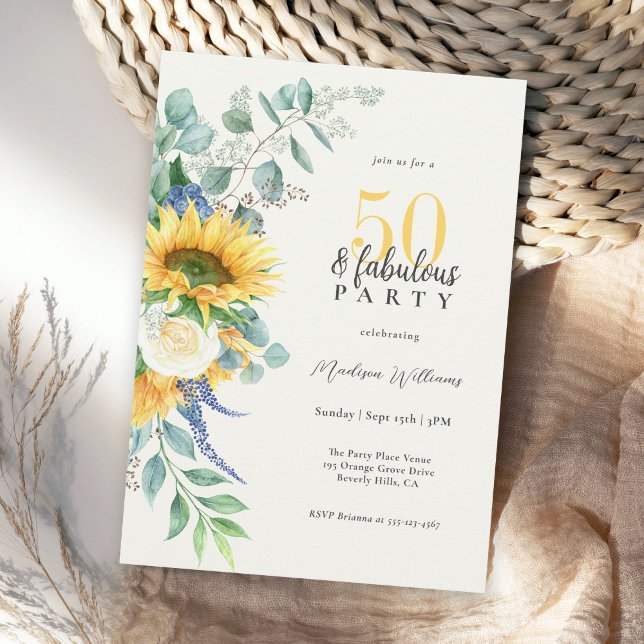 Invitation Bright Sunflowers Floral 50 et fabuleux anniversai (Available as printed or paperless digital download!)