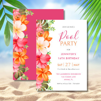 Invitation Bright Tropical Floral Birthday Pool Party Pink