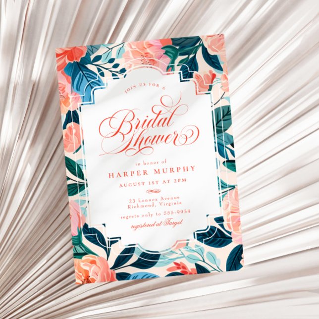 Invitation Bright Tropical Orange Turquoise Floral Fête des m (Créateur téléchargé)