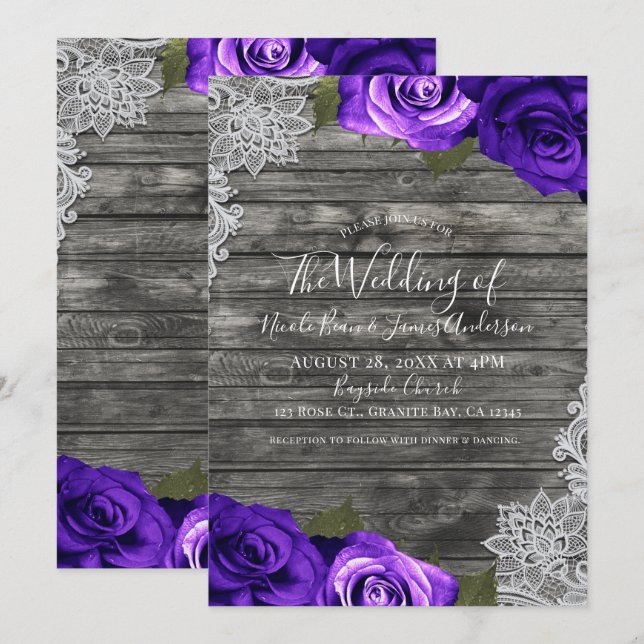 Invitation Bright Violet Rose gris Russe Blanc Mariage dentel (Devant / Derrière)