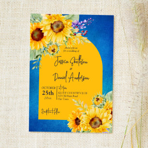 Invitation Bright yellow sunflowers arch on blue background