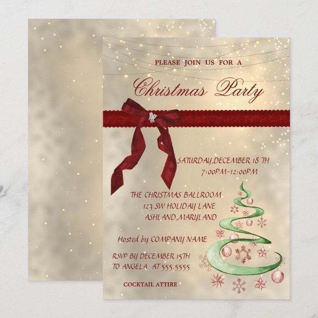 Invitation Brillant, Bow rouge, Arbre, Balls Fête de Noël d'e (Devant / Derrière)