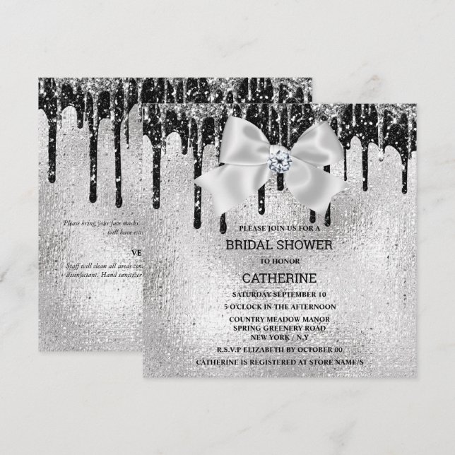 Invitation Brillant en diamant noir argenté lumières glamour  (Devant / Derrière)