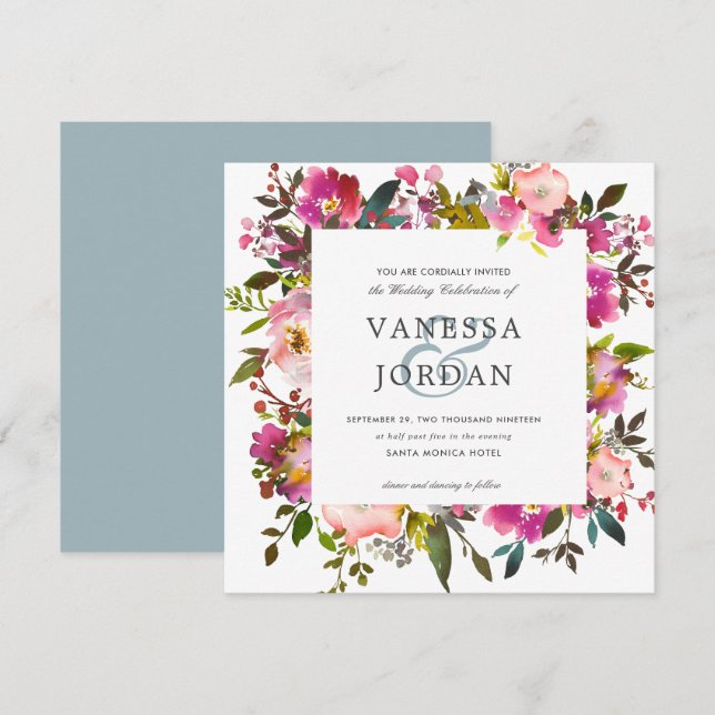 Invitation Brillant Fleur | Floral Botanical Rose Mariage (Devant / Derrière)