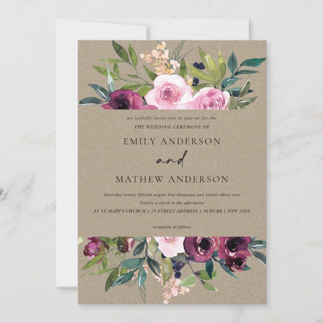 INVITATION BRILLANT KRAFT BLUSH BURGUNDY FLORAL BUNCH MARIAGE (Devant)