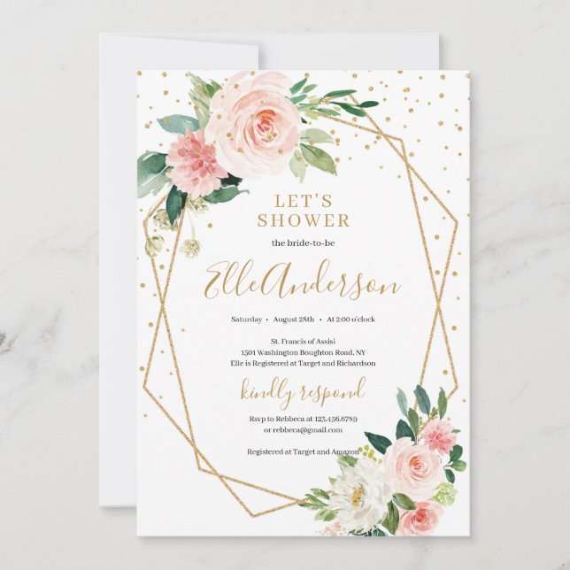 Invitation Brise rose floral or géométrique cadre nuptial (Devant)