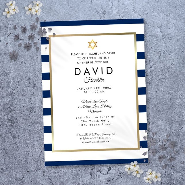 Invitation Brit Milah Navy Bleu Bleu Bleu Bleu Bleu Bleu Bleu (Brit Milah Navy Blue White Stripe Gold Invitation)
