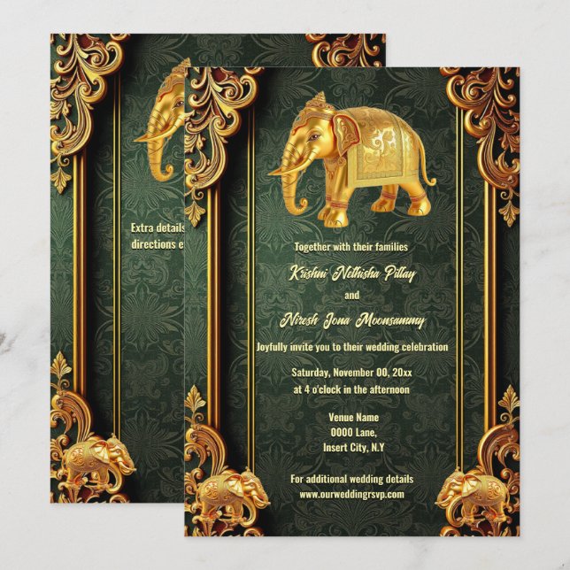 Invitation Brocade fleurie d'éléphants indiens en or vert Hin (Devant / Derrière)