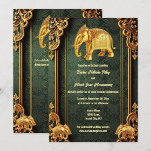 Invitation Brocade fleurie d'éléphants indiens en or vert Hin