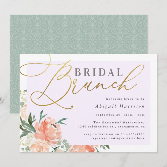 Invitation Broche Floral Gold Script Lavender Bridal Brunch (Devant / Derrière)