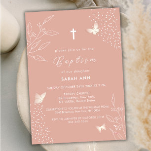 Invitation Brocher Feuille élégant papillon Croix Baptême