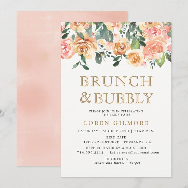 Invitation Brochure d'or Brunch floral et douche à bulles (Devant / Derrière)