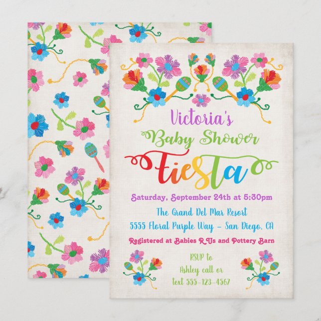 Invitation Broderie d'art populaire Baby shower Fiesta mexica (Devant / Derrière)