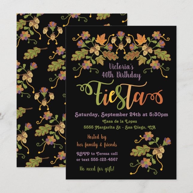 Invitation Broderie d'art populaire Fête mexicaine Anniversai (Devant / Derrière)