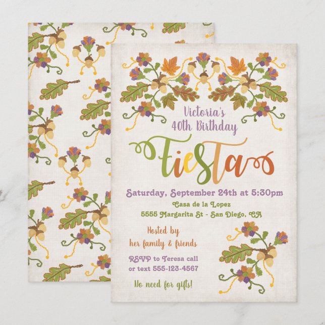 Invitation Broderie d'art populaire Fête mexicaine Anniversai (Devant / Derrière)