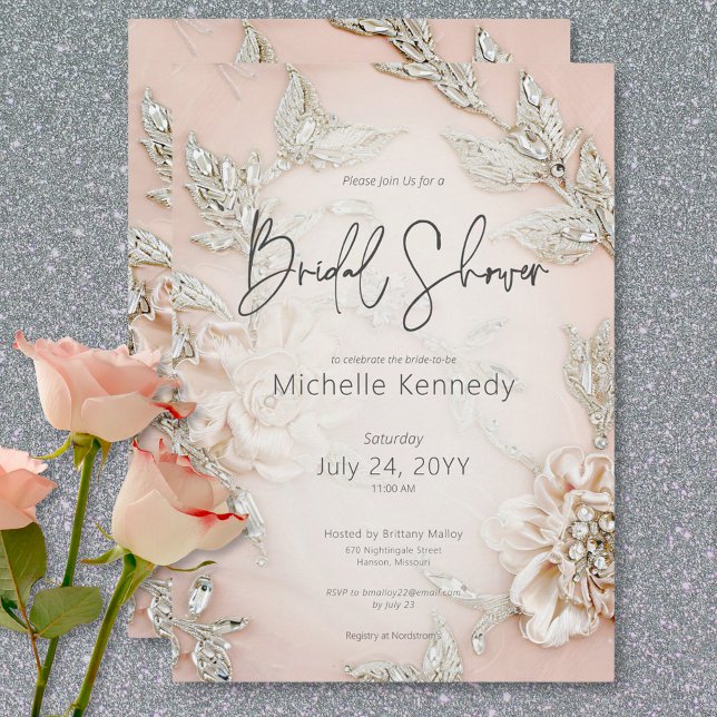 Invitation Broderie en satin rose moderne et Fête des mariées (Modern Pink Satin Embroidery & Glam Bridal Shower Invitation)