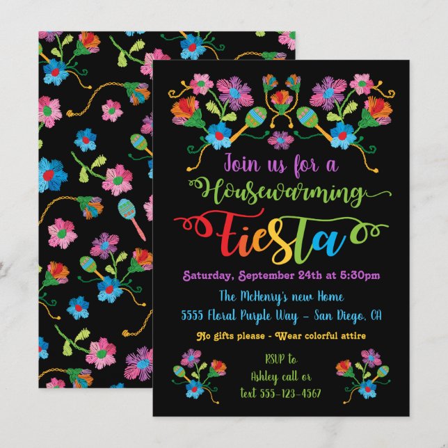 Invitation Broderie folklorique mexicaine Fiesta Fête du réch (Devant / Derrière)