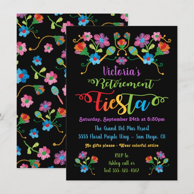 Invitation Broderie folklorique Parti de retraite Fiesta mexi (Devant / Derrière)