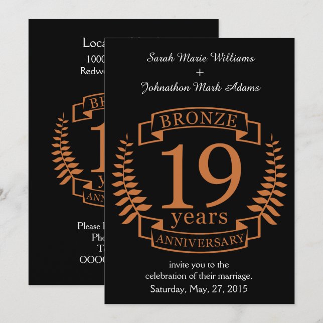 Invitation Bronze anniversaire traditionnel mariage 19 ans (Devant / Derrière)