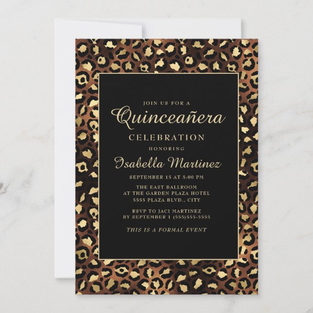 Invitation Bronze Black Gold Leopard Quinceañera Party (Devant)