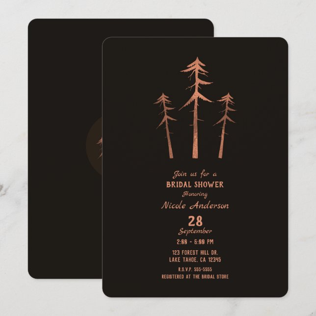 Invitation Bronze de cuivre grands pins Fête des mariées rust (Devant / Derrière)
