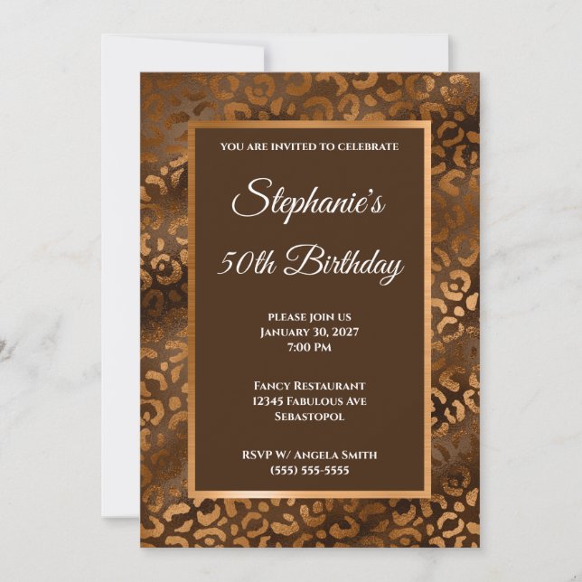 Invitation Bronze et Brown Foil Leopard Glam 50e anniversaire (Devant)