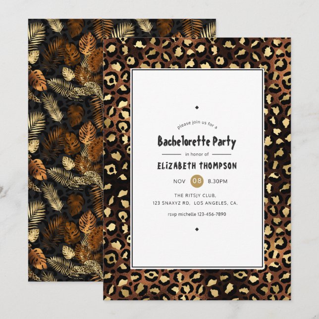 Invitation Bronze et Gold Leopard Bachelorette Party (Devant / Derrière)