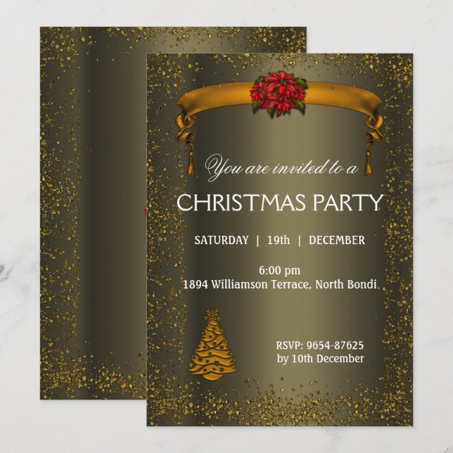 Invitation Bronze foncé et Parties scintillant or Noël (Devant / Derrière)