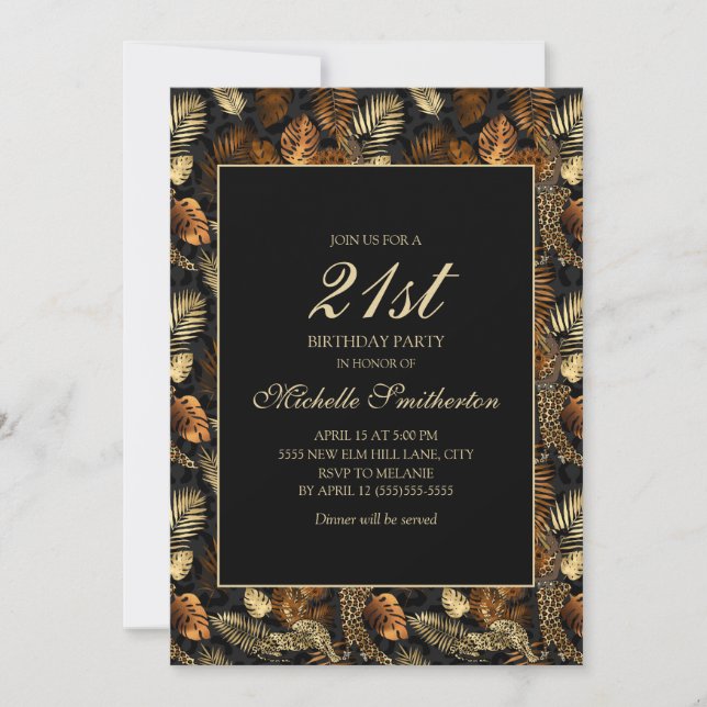 Invitation Bronze Gold Black Feuilles 21ème anniversaire fête (Devant)